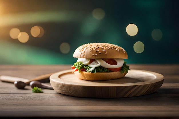 Una hamburguesa con un panecillo y un fondo verde con luces en el fondo.