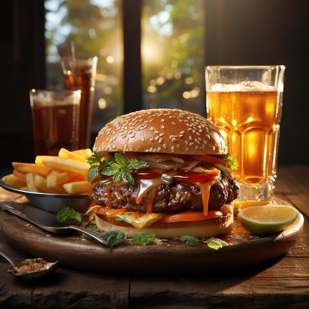 hamburguesa con papas fritas y bebida fría en madera