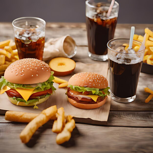 una hamburguesa y papas fritas con una bebida en la mesa