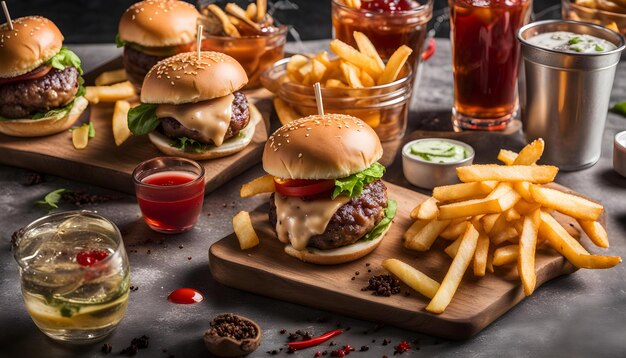 una hamburguesa con papas fritas y una bebida en la mesa