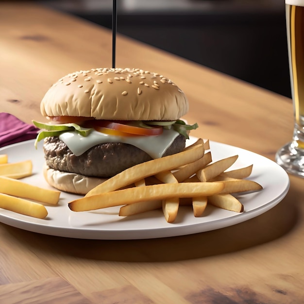 Una hamburguesa y papas fritas clásicas de comida de pub