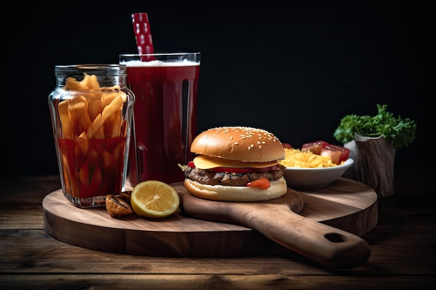 Hamburguesa con papas fritas y cola en una mesa de madera Deliciosa comida rápida en una mesa de madera con una bebida fría Generado por IA