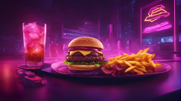 Hamburguesa con papas fritas y cola en renderizado 3d de luz de neón