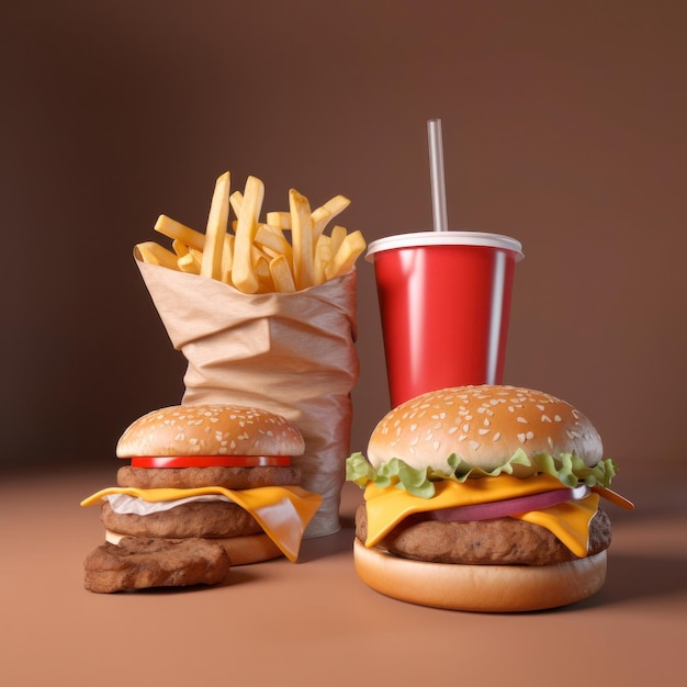 Una hamburguesa y papas fritas están al lado de una taza de refresco.