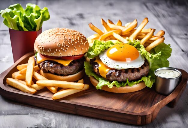 Foto una hamburguesa y papas fritas están en una bandeja con una taza de café