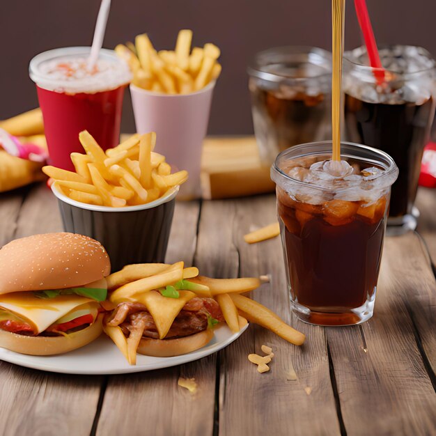 Foto una hamburguesa y papas fritas están en una mesa con una bebida y una bebida