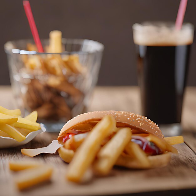 Foto una hamburguesa y papas fritas están en una mesa con una bebida en el fondo