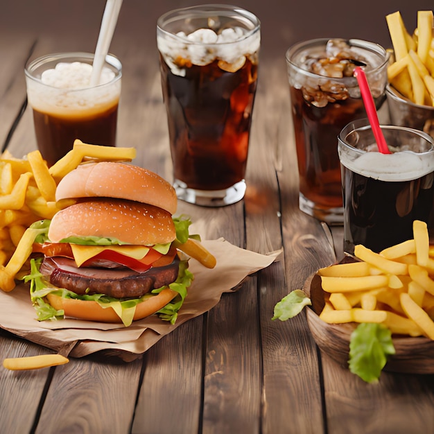 una hamburguesa y papas fritas están en una mesa con una bebida en el fondo