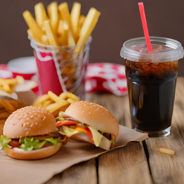 Foto una hamburguesa y papas fritas están en una mesa con una bebida en una taza de plástico