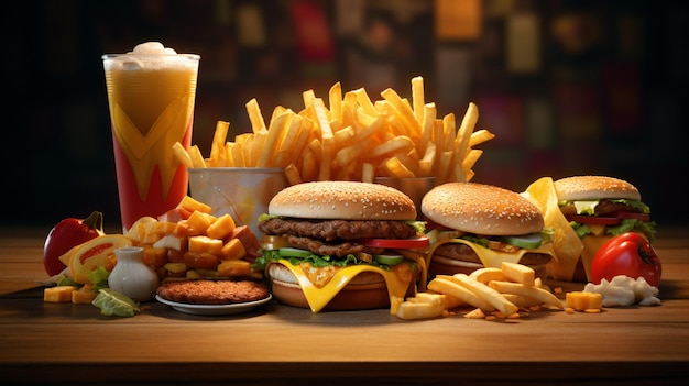 Foto una hamburguesa y papas fritas están en una mesa con una bebida