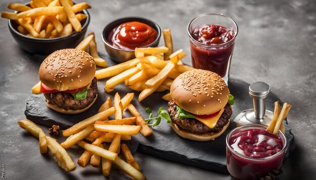una hamburguesa y papas fritas están en una mesa incluyendo ketchup ketchup y ketchup