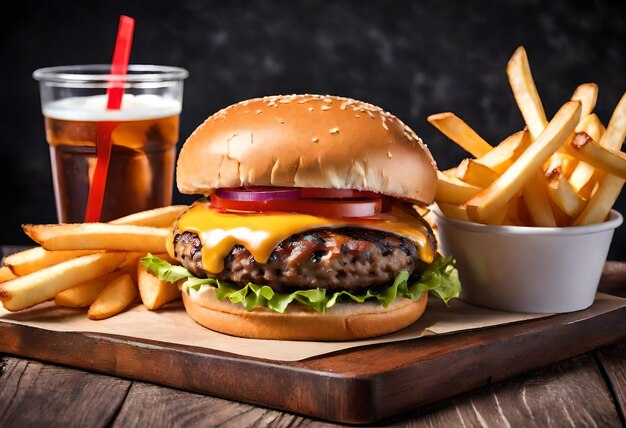 una hamburguesa y papas fritas están en una mesa de madera