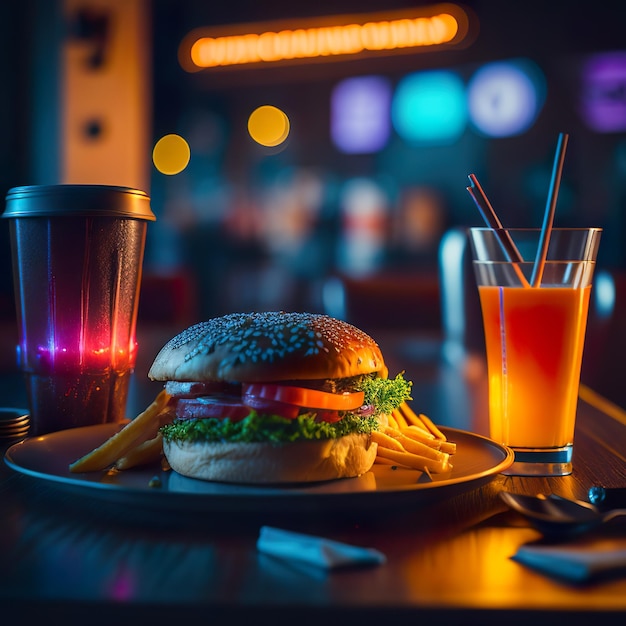 Una hamburguesa y papas fritas están en una mesa con un vaso de cerveza.