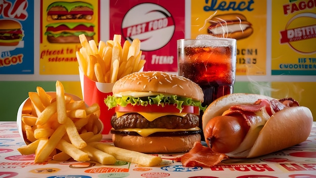una hamburguesa y papas fritas están en una mesa