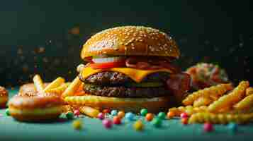 Foto una hamburguesa y papas fritas están rodeadas de salpicaduras