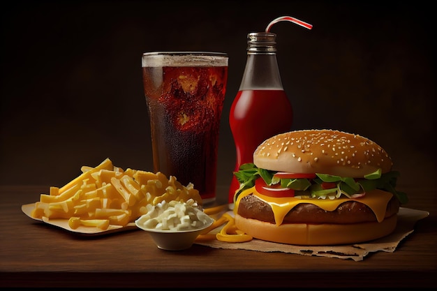 Una hamburguesa y papas fritas están sobre una mesa con una botella de refresco.