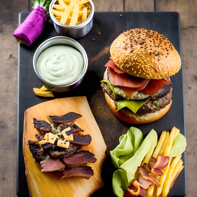 Foto una hamburguesa y papas fritas están en una tabla de cortar con una guarnición de ensalada.