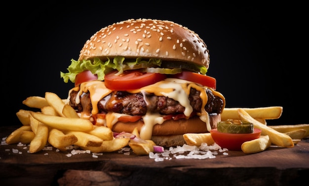 Hamburguesa y papas fritas en un fondo de estudio