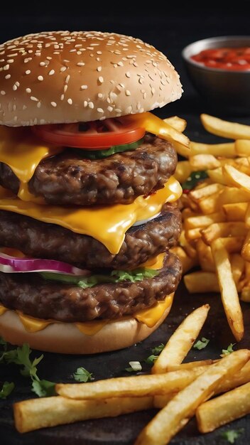 Hamburguesa con papas fritas en fondo oscuro generativo ai