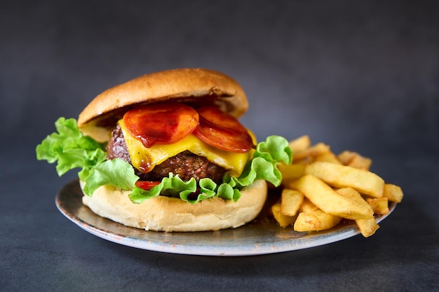 hamburguesa con papas fritas en el fondo de la pizarra