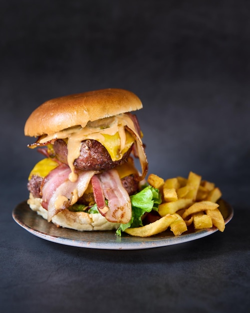 hamburguesa con papas fritas en el fondo de la pizarra