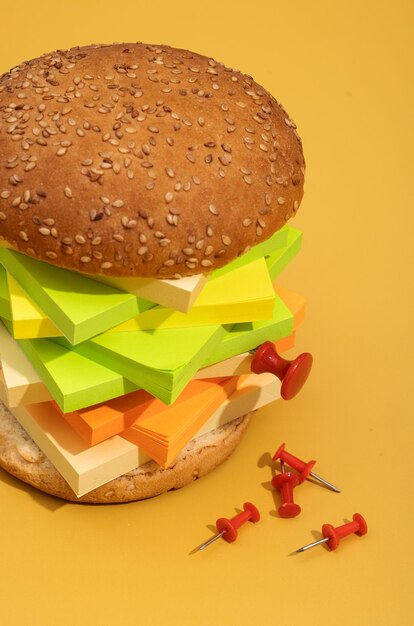 hamburguesa y papas fritas hechas de ladrillos lego sobre fondo de color plástico concepto foto comida chatarra Foto de alta calidad