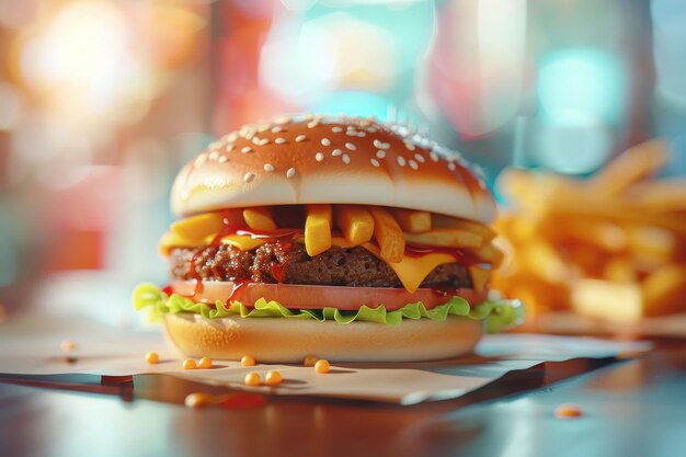 Una hamburguesa con papas fritas y ketchup en una mesa