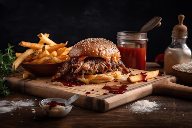 Hamburguesa con papas fritas y ketchup en una tabla de madera IA generativa