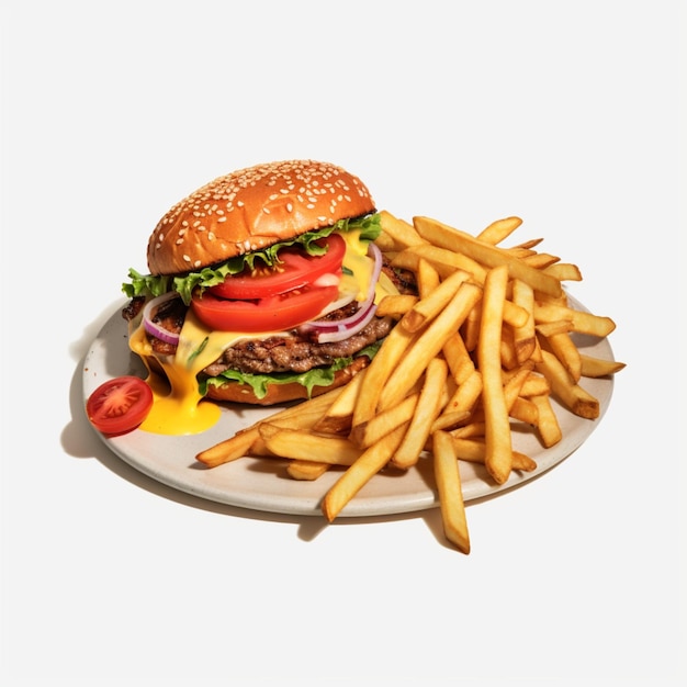 Foto hamburguesa y papas fritas en una mesa de madera en el fondo