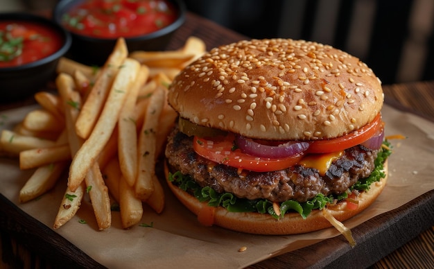 Foto hamburguesa y papas fritas en una mesa de madera imagen de comida estadounidense