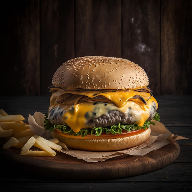 Hamburguesa con papas fritas en la mesa