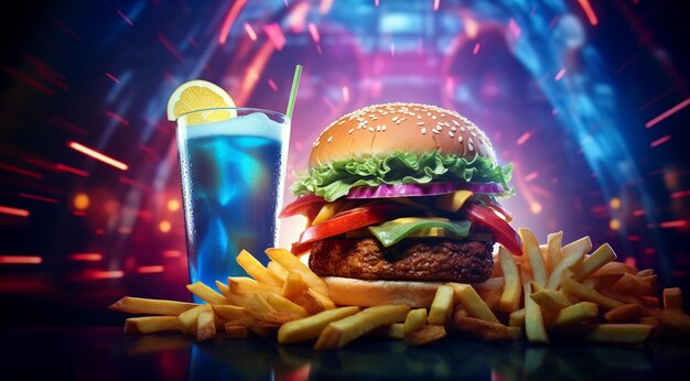 hamburguesa y papas fritas en la noche generativa IA