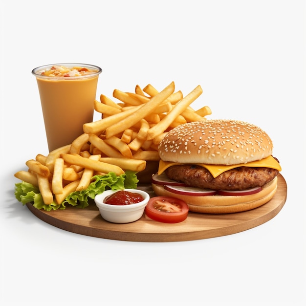 hamburguesa y papas fritas en un plato de madera sobre un fondo blanco