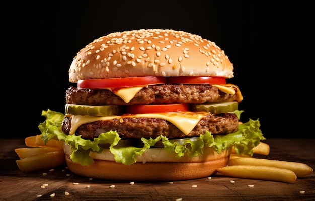 hamburguesa y papas fritas en un plato de madera sobre un fondo oscuro