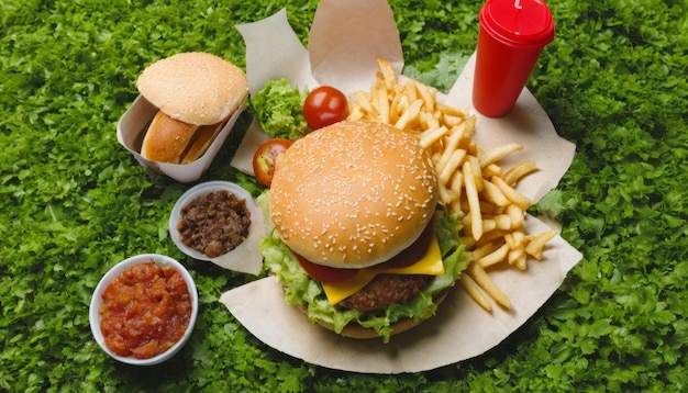 Una hamburguesa y papas fritas en un plato