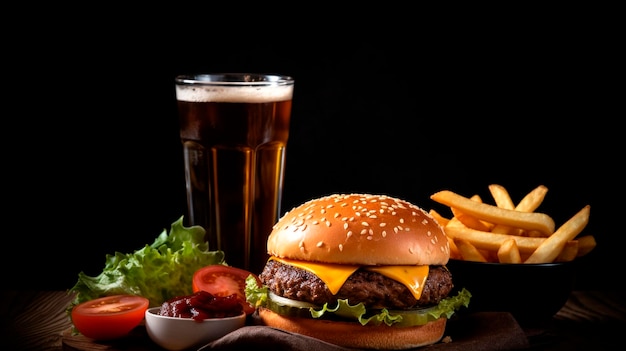 Hamburguesa con papas fritas y refrescos de cola sobre un fondo negro AI generativa