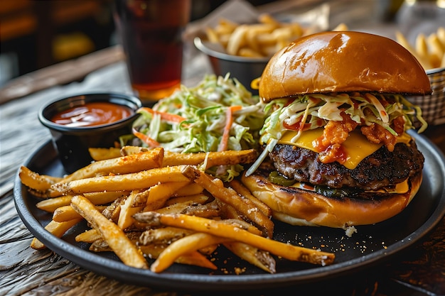 Hamburguesa con papas fritas y salsa de alas estilo Sr. y Sra.