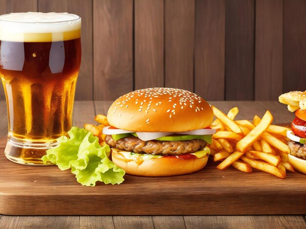 Una hamburguesa y papas fritas en una tabla de madera con un vaso de cerveza generado ai