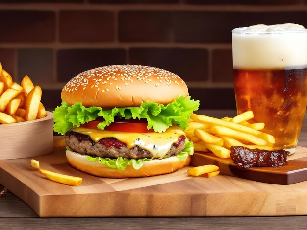 Una hamburguesa y papas fritas en una tabla de madera con un vaso de cerveza generado ai