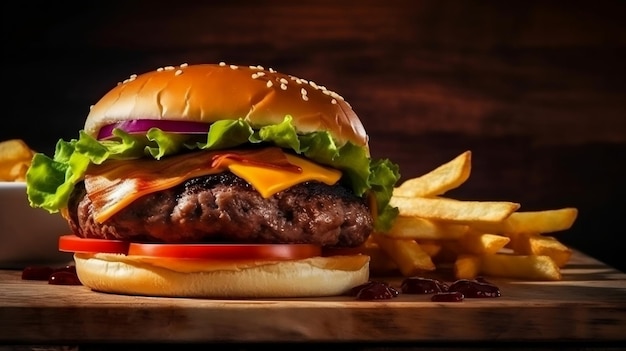 Una hamburguesa con papas fritas en una tabla de madera