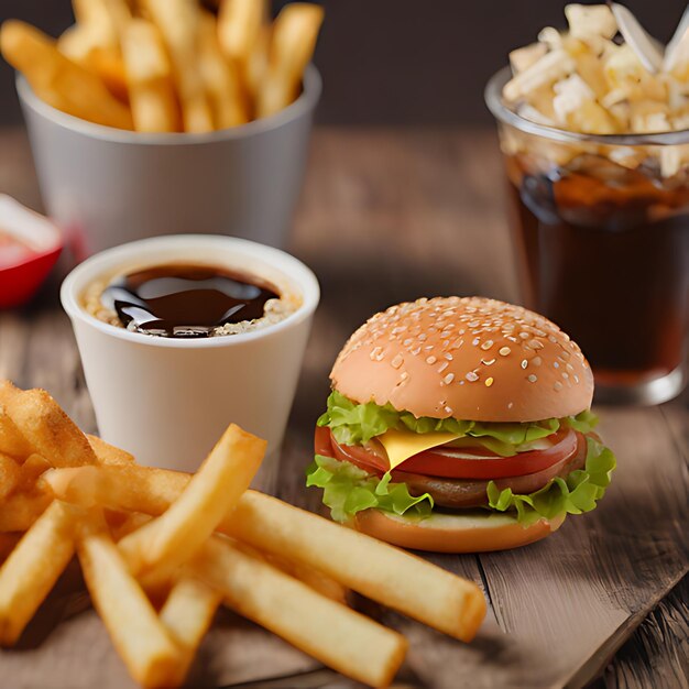 una hamburguesa con papas fritas y una taza de ketchup