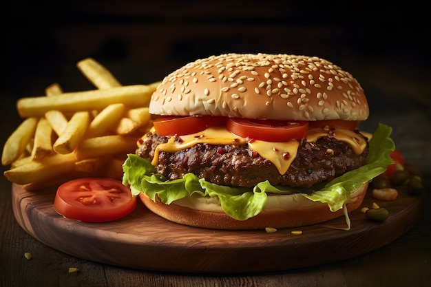 Una hamburguesa con papas fritas y tomate en una tabla de madera