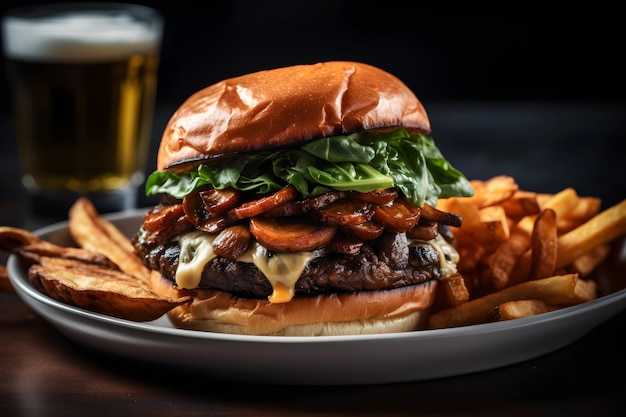 Una hamburguesa con papas fritas y un vaso de cerveza.