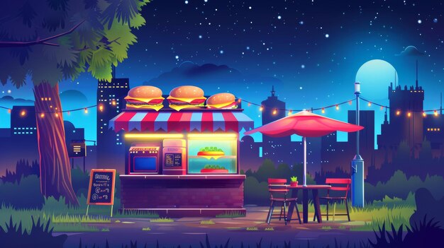 Foto hamburguesa en un parque nocturno de la ciudad con hamburguesas sillas de horno mesas debajo de sombrillas guirnaldas luces decoración paisaje urbano oscuro fondo cielo estrellado