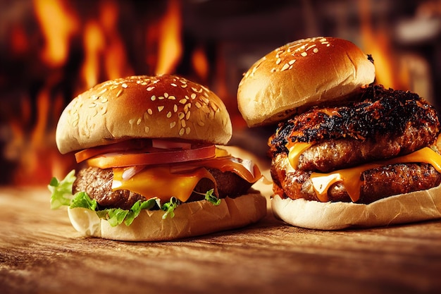 Hamburguesa a la parrilla con llama en el fondo hamburguesa de comida rápida a la parrilla americana con carne de bollo y verduras