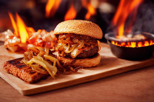 Hamburguesa a la parrilla con llama en el fondo hamburguesa de comida rápida a la parrilla americana con carne de bollo y verduras