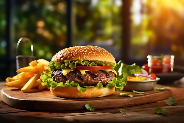 Hamburguesa a la parrilla y papas fritas en una mesa de madera con un fondo borroso