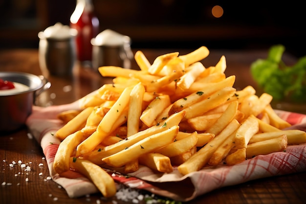 Hamburguesa a la parrilla y papas fritas en una mesa de madera con un fondo borroso