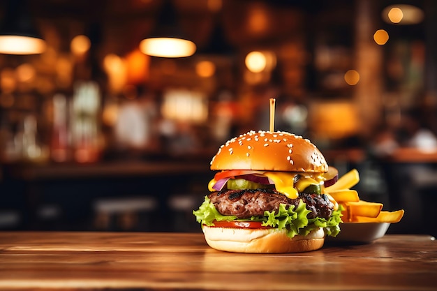 Hamburguesa a la parrilla con papas fritas en una mesa de madera en el fondo borroso