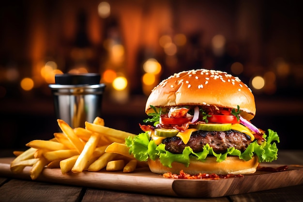 Hamburguesa a la parrilla con papas fritas en una mesa de madera en el fondo borroso